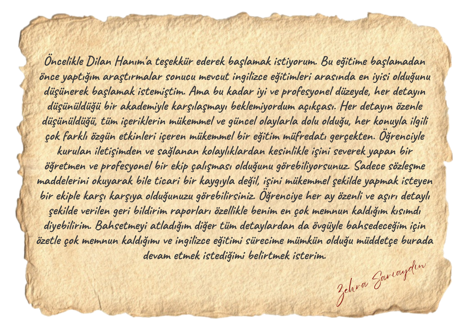 Zehra Sarıaydın öğrenci yorumu